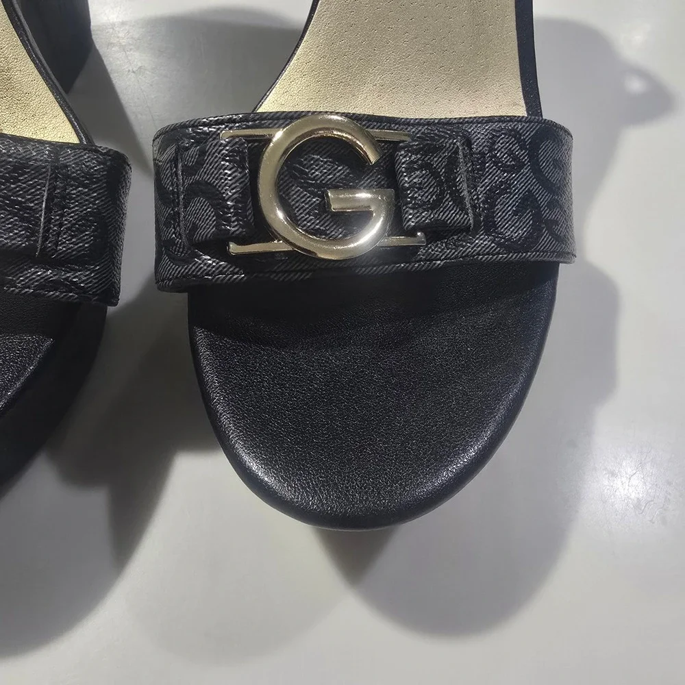 GBG Los Angeles Womens Black Monogram G Logo Platform Block Heel Sandal SEE PICS